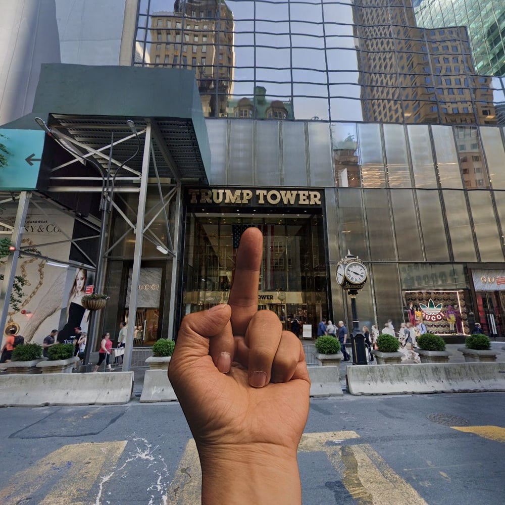 Ai Weiwei's middle finger flipping off Trump Tower