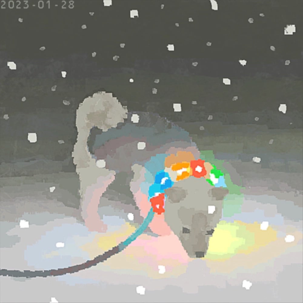 pixel illustration of a dog in the snow wearing colorful lights around its neck