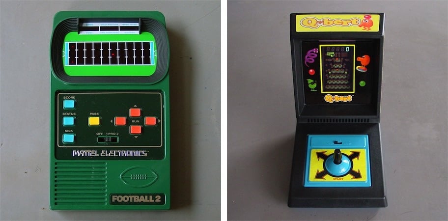 football and Q*bert handheld electronic games from the 70s