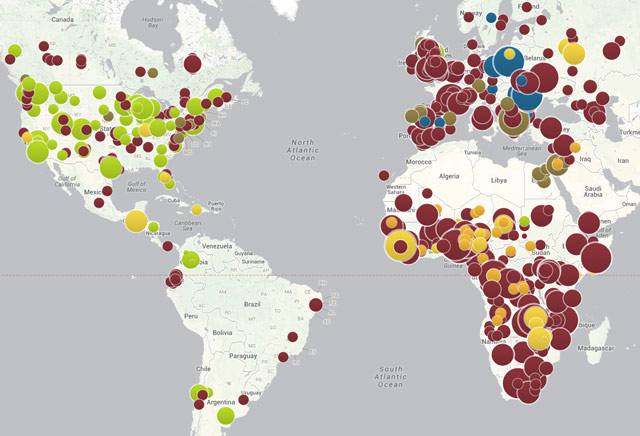 World map of vaccine-preventable outbreaks